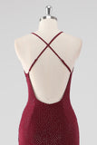 Burgundy Bainha V-Neck plissado frisado sem costas longo vestido formal com fenda