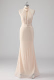 Halter Cream Sereia Cut out Vestido Formal Longo