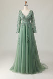 Sage V-neck Applique A-Line Vestido de Baile
