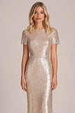 Brilho da bainha de damasco Sequins mangas curtas Mãe longa do vestido da noiva