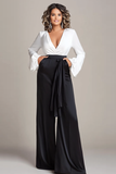 Branco e preto profundo V-neck cetim mangas longas mãe da noiva macacões