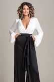 Branco e preto profundo V-neck cetim mangas longas mãe da noiva macacões