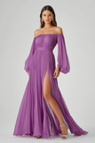 Roxo Uma Linha Mangas Longas Chiffon Vestido Formal com Fenda