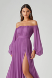 Roxo Uma Linha Mangas Longas Chiffon Vestido Formal com Fenda