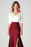 Branco Borgonha V-Neck cetim mãe do vestido de noiva com fenda