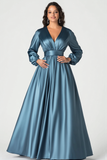 Cinzento Azul Cetim V-Neck Mãe do Vestido de Noiva com Mangas Longas