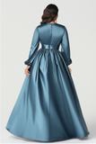 Cinzento Azul Cetim V-Neck Mãe do Vestido de Noiva com Mangas Longas