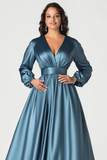 Cinzento Azul Cetim V-Neck Mãe do Vestido de Noiva com Mangas Longas