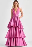 Fuchsia A-Line V Neck Ruffles Vestido Longo Baile