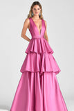 Fuchsia A-Line V Neck Ruffles Vestido Longo Baile