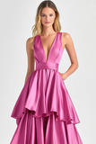 Fuchsia A-Line V Neck Ruffles Vestido Longo Baile