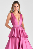 Fuchsia A-Line V Neck Ruffles Vestido Longo Baile