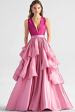 Hot Pink A-Line V Neck Ruffles Vestido Longo Baile