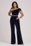 Sparkly Navy Um Ombro Bodycon Velvet Beaded Prom Jumpsuit