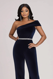 Sparkly Navy Um Ombro Bodycon Velvet Beaded Prom Jumpsuit