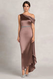 Taupe Bainha Um Ombro Ruched Rhinetones Cetim Mãe Do Vestido Da Noiva