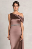 Taupe Bainha Um Ombro Ruched Rhinetones Cetim Mãe Do Vestido Da Noiva