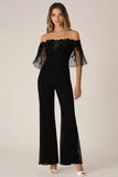 Macacões formais Black Off the Shoulder Chiffon com apliques