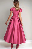 Vestido Mae Noiva com Mangas Curtas Fúcsia Linha-A Midi Cetim