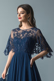 Lace Navy Scoop Neck Ruched A Line Flare Mangas Mãe do Vestido da Noiva