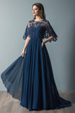 Lace Navy Scoop Neck Ruched A Line Flare Mangas Mãe do Vestido da Noiva