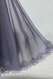 Dusty Blue A Line Lace Chiffon vestido de dama de honra com mangas curtas