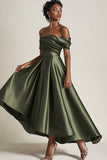 Off the Shoulder Olive A-Line Ruched Satin Ankle Length Mãe do Vestido da Noiva
