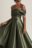 Off the Shoulder Olive A-Line Ruched Satin Ankle Length Mãe do Vestido da Noiva