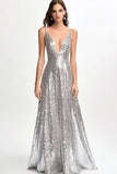 Sparkly V Neck Prata Sequined Uma Linha Vestido Formal