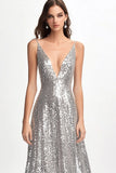 Sparkly V Neck Prata Sequined Uma Linha Vestido Formal