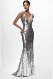 Sparkly prata V-neck sequined semaid vestido formal