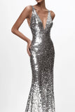 Sparkly prata V-neck sequined semaid vestido formal