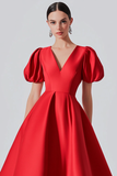 Vestido formal de cetim vermelho A Line com mangas puff