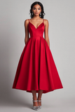 Red Satin A-Line Chá Comprimento Vestido Formal