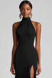 Halter Neck Black Ruffles Sereia Vestido Formal Longo com Fenda