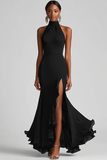 Halter Neck Black Ruffles Sereia Vestido Formal Longo com Fenda