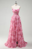 Blush Floral Estampado Princesa Querida Tiered Long Prom Dress