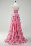 Blush Floral Estampado Princesa Querida Tiered Long Prom Dress