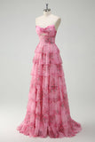 Blush Floral Estampado Princesa Querida Tiered Long Prom Dress