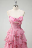 Blush Floral Estampado Princesa Querida Tiered Long Prom Dress