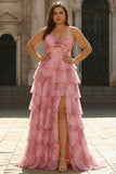 Vestido de Baile Longo, Princesa Sweetheart com Estampado Floral, Blush e Longo Vestido de Baile Plus Size