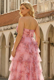 Vestido de Baile Longo, Princesa Sweetheart com Estampado Floral, Blush e Longo Vestido de Baile Plus Size