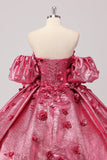 Princesa Fuchsia vestido de bola fora do ombro Puff mangas Quinceanera vestido com flores 3D