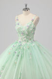 Princesa Green Ball Gown Espaghetti Correias Tule Quinceanera Vestido com Apliques Flor 3D