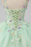 Princesa Green Ball Gown Espaghetti Correias Tule Quinceanera Vestido com Apliques Flor 3D