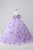 Sparkly Lilac Ball Gown Off the Shoulder Puff Mangas Tule Quinceanera Vestido com flores 3D