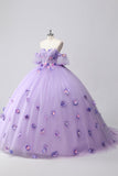 Sparkly Lilac Ball Gown Off the Shoulder Puff Mangas Tule Quinceanera Vestido com flores 3D