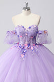 Sparkly Lilac Ball Gown Off the Shoulder Puff Mangas Tule Quinceanera Vestido com flores 3D
