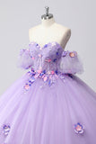 Sparkly Lilac Ball Gown Off the Shoulder Puff Mangas Tule Quinceanera Vestido com flores 3D