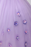 Sparkly Lilac Ball Gown Off the Shoulder Puff Mangas Tule Quinceanera Vestido com flores 3D